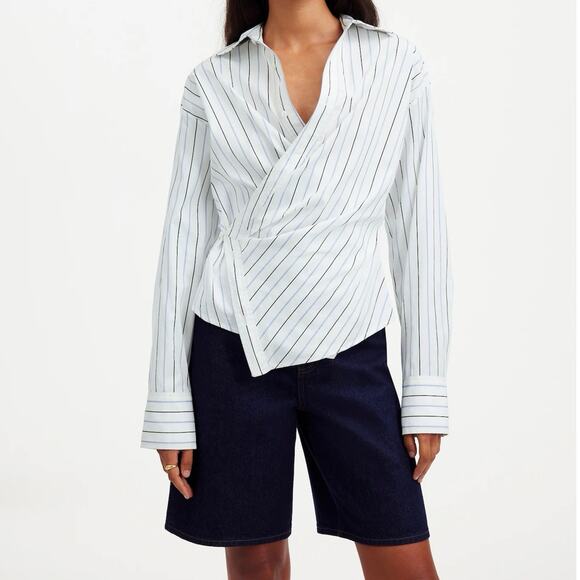 NWT Madewell Asymmetric Wrap Front Button-Up Shirt In Hydrangea Stripe Size 10 - Picture 1 of 14